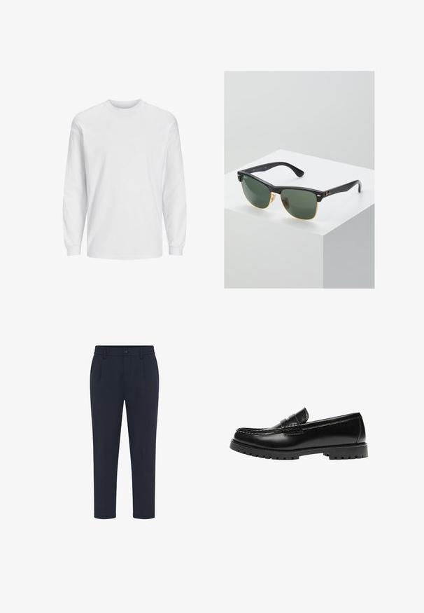 T-shirt blanc à manches longues en coton. Présente un col rond et un design uni sans motifs ni accents. Texture douce et lisse.; Pantalon bleu marine foncé sur mesure avec fermeture par bouton et zip, passants de ceinture et jambes droites sur fond blanc.; Mocassin en cuir noir avec une semelle en caoutchouc épaisse et un détail classique de bride à monnaie, vu de côté extérieur.; Lunettes de soleil Ray-Ban avec des verres verts, monture en plastique noir et accents dorés sur les bords. Forme carrée avec une finition mate.