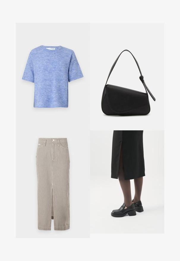 Helles blaues kurzärmeliges Sweatshirt aus weichem, strukturiertem Stoff. Verfügt über einen runden Halsausschnitt und eine lässige Passform, mit minimaler Detailierung.; Gestreifte Midiskirt in Hellbeige und Dunkelbraun, aus Baumwolle, mit einem Schlitz vorne und Gürtelschlaufen. Klassisches Design und taillierte Passform.; Frau trägt schwarze Loafers mit klobigem Absatz, schwarze transparente Strumpfhosen und einen schwarzen Rock mit Schlitz hinten vor weißem Hintergrund.; Schwarze Lederhandtasche mit dreieckiger Form, schrägem Klappdeckel und rundem Oberhandgriff. Verfügt über eine glatte Textur und minimalistische Designdetails.