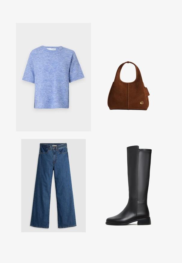 Lyseblå kortærmet sweater lavet af blødt, struktureret stof. Har en rund halsudskæring og en afslappet pasform med minimal detaljer.; Bredde ben blå denim jeans med høj talje, der har et klassisk fem-lomme design og en tekstureret taljebånd.; Sorte læderknæhøje støvler med en glat tekstur, rund tå, lav blokhæl og diskret syning langs siden.; Brun ruskindshåndtaske med rundede håndtag, central søm, gyldent "C"-logo og fastsat lædermærke på højre side.