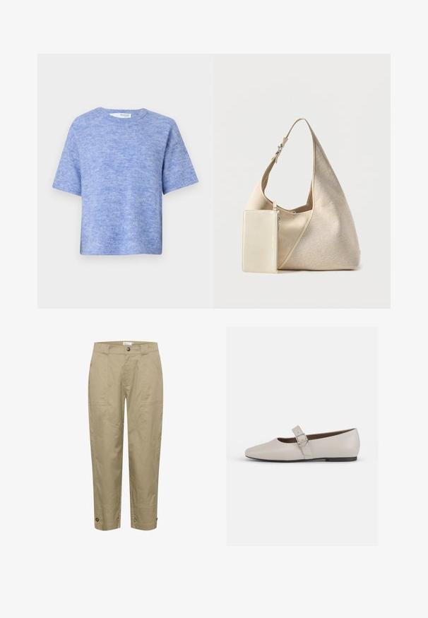 Lyseblå kortærmet sweater lavet af blødt, struktureret stof. Har en rund halsudskæring og en afslappet pasform med minimal detaljer.; Beige, lette bukser med lige pasform, der har sidelommer og knapdetaljer i kanten for justerbar pasform og stil.; Beige læder Mary Jane flad sko med spids tå, ankelrem og en sølvspænde detalje, der har en lav sort hæl.; Beige stof hobo taske med justerbar rem og vedhæftet lille rektangulær lynlåslomme i matchende farve.