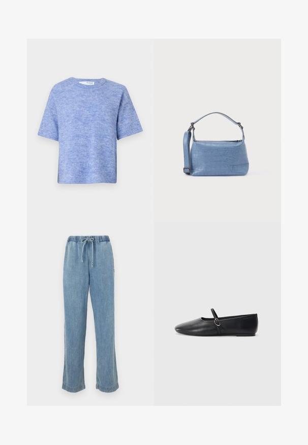 Lichtblauwe trui met korte mouwen, gemaakt van zachte, gestructureerde stof. Heeft een ronde halslijn en een relaxte pasvorm, met minimale details.; Lichtblauwe denim broek met een elastische tailleband, trekkoord en opgerolde manchetten. Recht gesneden ontwerp met een casual pasvorm.; Zwarte leren balletschoenen met een spitse neus, platte zool en een kleine strap met een zilveren gespsluiting.; Lichtblauwe handtas met krokodillenprint, voorzien van een korte handgreep en een afneembare schouderriem. Gladde textuur met een ritssluiting.