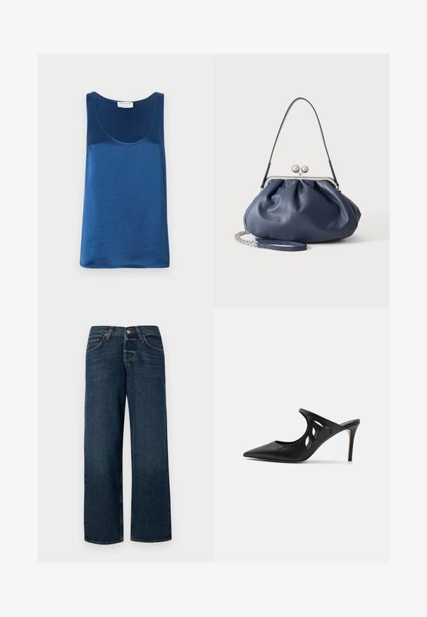 Blå satin tanktop med rund halsudskæring og brede skulderstropper, glat tekstur og en afslappet pasform.; Mørkeblå denimjeans med lige skæring, fem lommer og metalhardware. Har en let falmet overflade og en ren kant.; Sorte læder højhælede mules med spids tå, udskåret sideskærm og glat tekstur. Stiletthæl og subtil syning.; Blød navyblå læderhåndtaske med sølv lukning, enkelt skulderrem og aftagelig kæde til håndleddet på hvid baggrund.