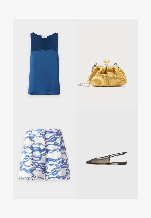 Blå satin tanktop med rund halsudskæring og brede skulderstropper, glat tekstur og en afslappet pasform.; Hvide shorts med blåt bølgemønster, bølgede kanter, letvægtsstof, plisseret front og en afslappet pasform. Velegnet til afslappet brug.; Sort og guld slingback sko med spids tå, mesh-design og flad sål. Har en tynd ankelrem med en cirkulær spændeaccent.; Lille gul vævet håndtaske med sølvramme, to gule kuglelåse og en sølvkæde som rem på hvid baggrund.