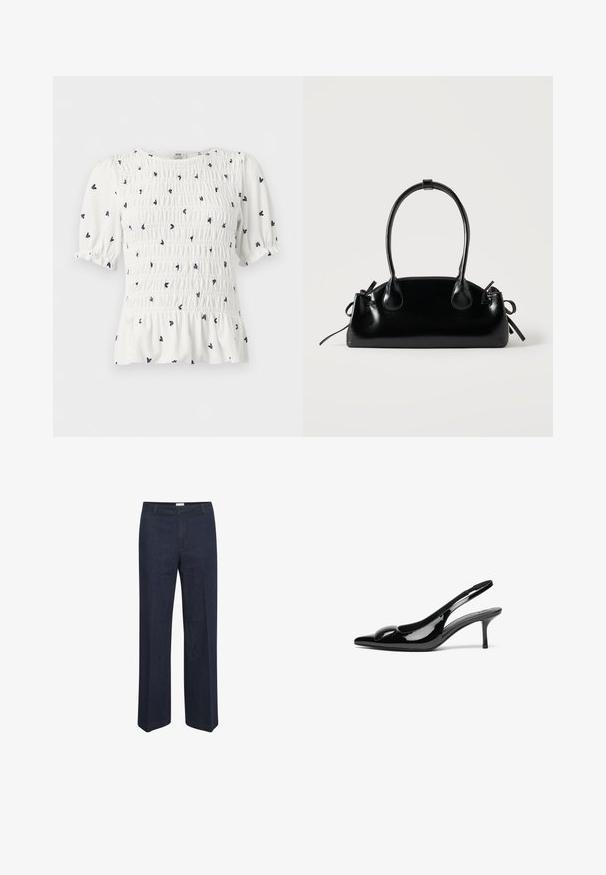 Weiße kurzärmelige Bluse mit schwarzem kleinen Blumenmuster, gerafftem Oberteil, gepufften Ärmeln und gerüschtem Saum.; Dunkelblaue, weite Jeans mit klassischem Taillenbund und Vordertaschen, entworfen für einen bequemen Sitz und vielseitigen Stil.; Schwarze patentierte Slingback-Absätze mit spitzem Zehenbereich und glänzender Oberfläche. Besitzt einen schlanken Absatz und eine abgerundete Akzentuierung am Schuhoberteil.; Kleine schwarze glänzende Handtasche mit zwei langen Griffen und seitlichen Kordelzug-Details vor einfachem hellem Hintergrund.
