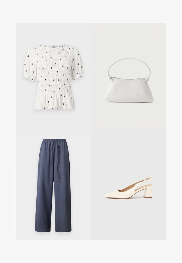 Blouse blanche à manches courtes avec petit imprimé floral noir, corsage smocké, manches bouffantes et détail bas volanté.; Pantalons larges bleu marine, en tissu texturé, avec une taille élastique et un cordon de serrage ajustable. Pas de poches visibles.; Escarpin slingback en cuir verni crème brillant, avec un bout pointu et un talon carré épais pour la stabilité. Design minimaliste, sans ornements.; Sac à main en cuir tressé blanc avec poignée arrondie et extrémités de lanière nouées, présenté sur un fond uni.