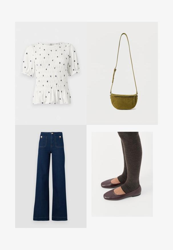 Blusa blanca de manga corta con estampado pequeño de flores negras, cuerpo fruncido, mangas abullonadas y detalle de bajo con volantes.; Jeans de tiro alto de pierna ancha en azul oscuro, con detalles de botones dorados, dos bolsillos en la parte delantera y trasera y costuras en contraste. Tejido de mezclilla texturizado.; Bailarinas de charol burdeos con diseño de punta cuadrada, combinadas con calcetines de punto acanalado marrón oscuro que llegan a la mitad de la pantorrilla.; Bolso bandolera de ante verde oliva con correa ajustable y bolsillo frontal con cremallera sobre fondo blanco liso.