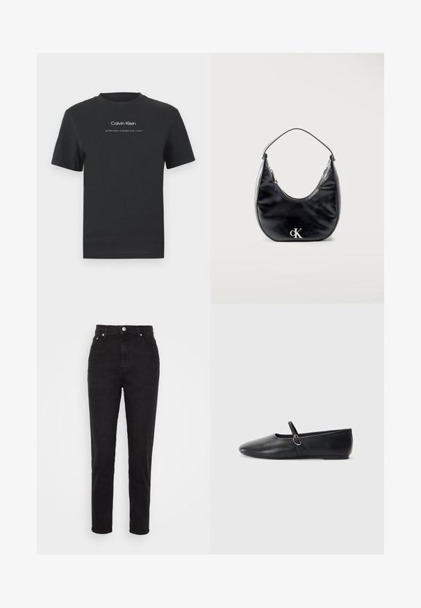 Čierne bavlnené tričko s okrúhlym výstrihom, kratkými rukávmi a bielou potlačou loga "Calvin Klein" a textu "Established 1968".; Čierne vysoké slim-fit džínsy so zapínaním na gombík vpredu, pútkami na opasok a dizajnom s piatimi vreckami na bielom pozadí.; Čierne kožené baletky s špicatou špičkou, plochou podrážkou a malým remienkom so striebornou prackou.; Čierna kožená kabelka v tvare polmesiaca s krátkym remienkom a strieborným logom "cK" na prednej strane, horné zapínanie na zips.