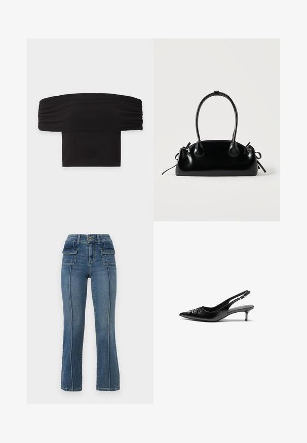 Sort off-shoulder crop top med rynkede korte ærmer og en lige halsudskæring på en ensfarvet lys baggrund.; ONLY Petite ONLWAUW MID WAIST FLARED - Flared jeans - medium blue denim; Sorte læder slingback-pumps med spids tå, lav kitten-hæl og rynket detalje på overdelen. Glat tekstur og minimalistisk design.; Lille sort blank håndtaske med to lange håndtag og snøre-detaljer i siden på en ensfarvet lys baggrund.