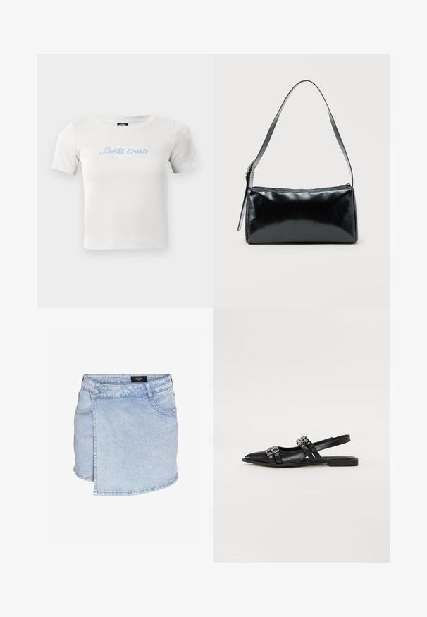 Λευκό βαμβακερό t-shirt με κοντά μανίκια, με λευκή γραφή "Santa Cruz" και γραφικό καρδιάς στο κέντρο.; Φούστα μίνι από ανοιχτό μπλε τζιν με ασύμμετρο τύλιγμα μπροστά και εμπρόσθιες τσέπες, κλείσιμο με κουμπί στη μέση και θηλιές για ζώνη.; Even&Odd by Zalando Μπαλαρίνες με λουράκι στον αστράγαλο - black; Μαύρη ορθογώνια τσάντα ώμου με έναν ρυθμιζόμενο ιμάντα και κλείσιμο με φερμουάρ στην κορυφή σε μονόχρωμο φόντο.