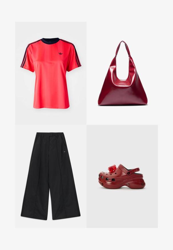 T-shirt de sport rouge à manches courtes, avec des rayures verticales, un col ras du cou bleu marine, et un petit logo noir à l'avant.; Pantalon noir à jambes larges avec poches latérales, passants pour ceinture, plis sur le devant et petit logo Adidas sur le côté droit.; Sabot en plastique rouge avec des trous de ventilation, un talon surélevé et une décoration florale sur le dessus. Présente une sangle à l'arrière et des bords texturés.; Sac à main en cuir laqué rouge de forme triangulaire, avec une large ouverture en haut et une seule anse courbée. Texture lisse avec des détails de couture minimaux.