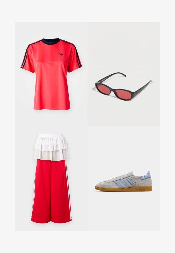 Rød sports t-shirt med korte ærmer, der har lodrette striber, en marineblå rund hals og et lille sort logo på forsiden.; Røde bukser med vidde i benene og hvide striber langs siderne, toppet med et lagdelt hvidt flæselag. Elastisk talje for komfort. Blød stofstruktur.; Grå ruskinds sneakers med lyseblå striber, gummisål i farven gum og logo detaljer. Lavt design med rund tå og snørelukning.; Sorte ovale solbriller med tynde arme og rødtonede linser, der ligger på en hvid overflade.