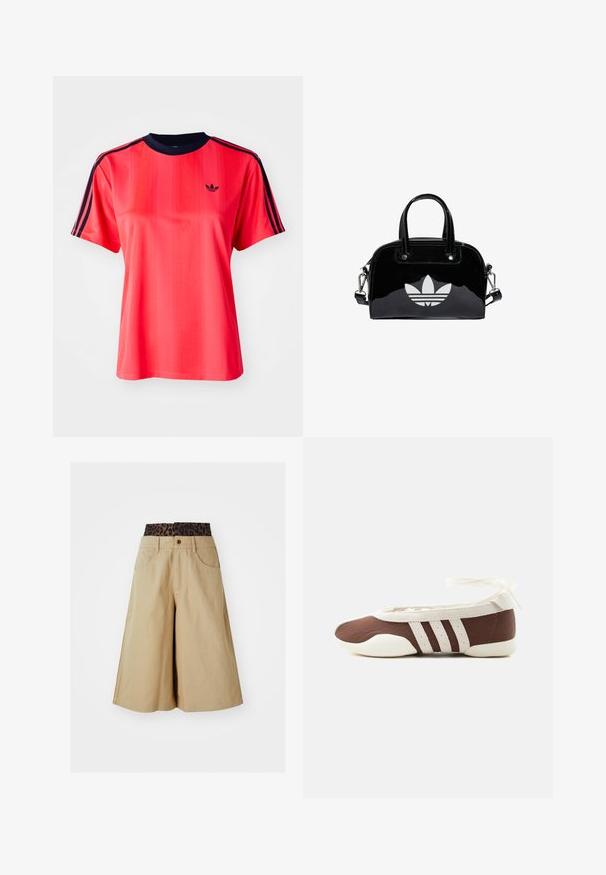 Rød sports t-shirt med korte ærmer, der har lodrette striber, en marineblå rund hals og et lille sort logo på forsiden.; Khaki shorts med vid ben-design og en leopardmønstret talje. Har forlommer og en knaplukning. Glat, tekstureret stof.; Brun og hvid balletflad sko med tre hvide striber og ankelbånds sløjfe på en ensartet lys baggrund.; Sort patentlæder håndtaske med rund form, to top-håndtag, sølvdetaljer og en fremtrædende hvid logo på fronten.