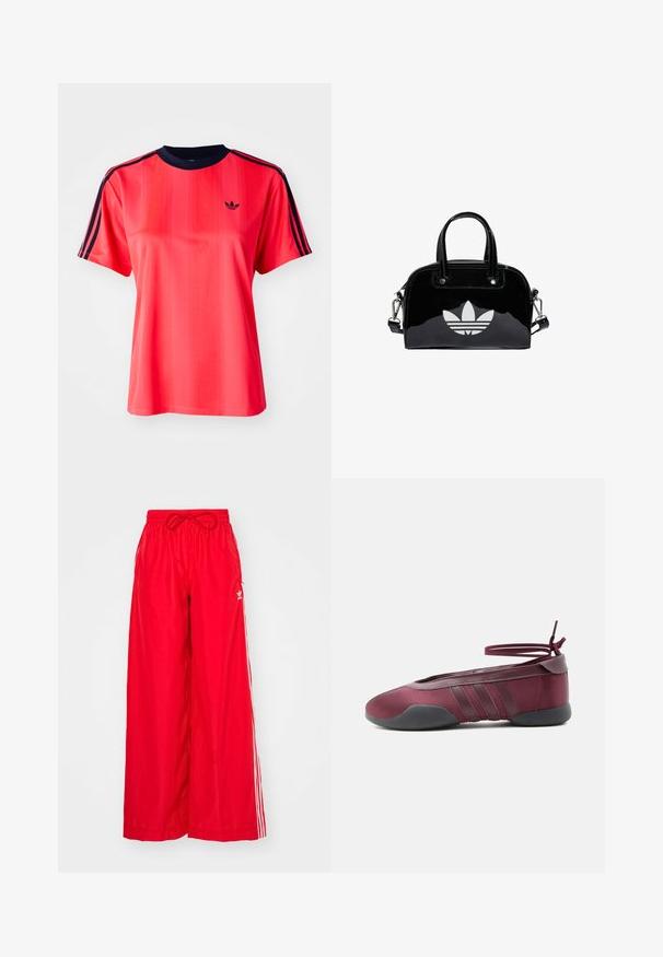 Rotes sportliches T-Shirt mit kurzen Ärmeln, das von vertikalen Streifen, einem marineblauen Rundhalsausschnitt und einem kleinen schwarzen Logo auf der Vorderseite geprägt ist.; Rote weit geschnittene Hose aus leichtem Stoff, mit weißen Seitenstreifen und einem elastischen Bund mit Kordelzug.; Bordeauxrote Ballerina mit schwarzer Sohle, elastischen Knöchelriemen, die zu einer Schleife gebunden sind, und gesteppten Details an den Seiten, von der Außenseite gezeigt.; Schwarze Handtasche aus Lackleder mit abgerundeter Form, doppelten Tragegriffen, silbernen Akzenten und einem auffälligen weißen Logo auf der Vorderseite.