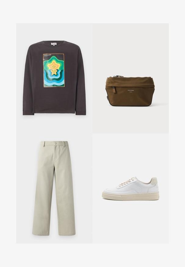 Mørk grå langermet t-skjorte med et fargerikt geometrisk design med bølger og stjerner i grønn, blå, gul og oransje.; Han Kjøbenhavn WIDE LEG - Bukse - light grey; Hvit sneaker med en glatt skinnoverdel, beige snørebånd og en teksturert beige semsket hælflik. Hevet såle for ekstra høyde.; Brun rektangulær pung med glidelås, liten lomme foran og teksten "Tiger of Sweden 1903" på forsiden.