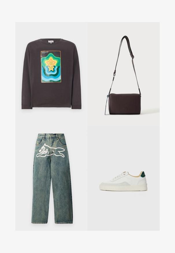 Mørkegrå langærmet t-shirt med et farverigt geometrisk design med bølger og stjerner i grøn, blå, gul og orange.; Lyseblå denimjeans med en løs pasform, der har et stort hvidt kattegrafik på venstre ben og et traditionelt femlomme-design.; Hvide sneakers med ruskindsdetaljer, rund tå, flade snørebånd og en cremet gummisål. Har grøn branding på hælen.; Mørkebrun textured læder crossbody taske med justerbar rem og lille dekorativ blå accent på siden.