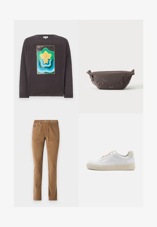 Camiseta de manga larga gris oscuro con un diseño geométrico colorido que presenta olas y estrellas en verde, azul, amarillo y naranja.; Pantalones de pana marrones con un corte ajustado, que cuentan con cinco bolsillos, cierre de botón y detalles de costura a lo largo de las costuras.; Zapatilla blanca con parte superior de cuero suave, cordones beige y un tirador de talón de ante beige texturizado. Suela elevada para mayor altura.; Riñonera de tela marrón oscuro con bolsillo diagonal con cremallera y pequeño logo blanco en el frontal, sobre un fondo liso y claro.