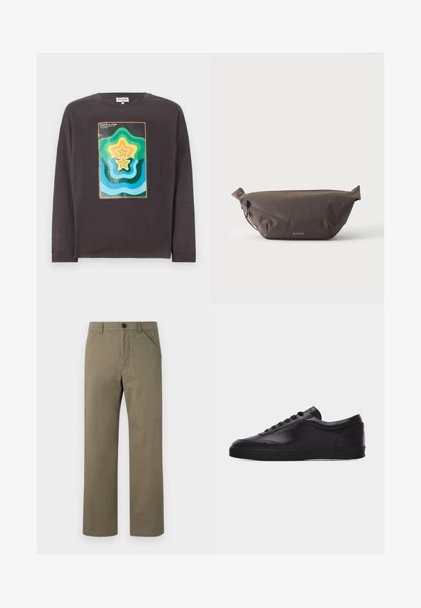 T-shirt à manches longues gris foncé avec un design géométrique coloré comprenant des vagues et des étoiles en vert, bleu, jaune et orange.; Pantalon vert olive clair en tissu lisse et résistant. Doté d'une fermeture à bouton et à zip, de poches latérales et d'un design à jambe droite.; Baskets basses en cuir noir avec lacets sur le devant et semelle en caoutchouc plate, vues de côté sur un fond blanc uni.; Sac banane en tissu marron foncé avec poche zippée en diagonale et petit logo blanc sur le devant, sur un fond clair uni.