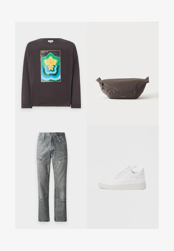 T-shirt à manches longues gris foncé avec un design géométrique coloré comprenant des vagues et des étoiles en vert, bleu, jaune et orange.; Jean en denim gris à coupe droite, avec poches avant, coutures visibles et finition décolorée. Le matériau a une texture lisse.; Baskets en cuir blanc avec un embout arrondi, une semelle plate et un laçage à l'avant. Présentent des détails de couture et un col rembourré pour plus de confort.; Sac banane en tissu marron foncé avec poche zippée en diagonale et petit logo blanc sur le devant, sur un fond clair uni.