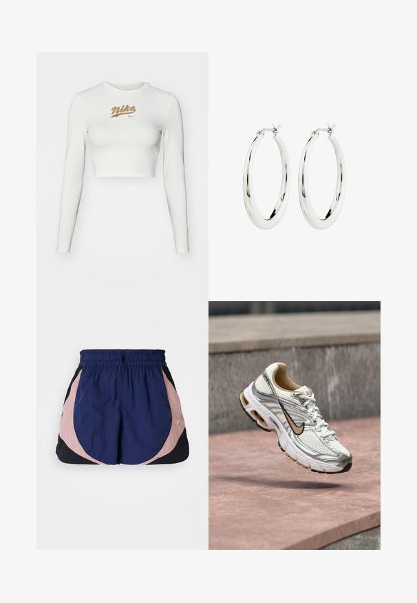 Biele dlhé rukávy cropped tričko vyrobené z hladkej tkaniny, s potlačou zlatého loga Nike na hrudi a klasickým okrúhlym výstrihom.; Športové šortky Nike s elastickým pásom, s námorníckymi, ružovými a čiernymi panelmi. Vyrobené z ľahkej, textúrovanej látky.; Biely a strieborný bežecký Nike topánka s béžovým logom Swoosh, zobrazená vo vzduchu nad kamenným povrchom s rozmazaným sivým pozadím steny.; Strieborné kruhové náušnice s hladkým, lesklým povrchom. Obľúbený tvar, vybavené bezpečným zapínaním. Jednoduchý a elegantný dizajn.