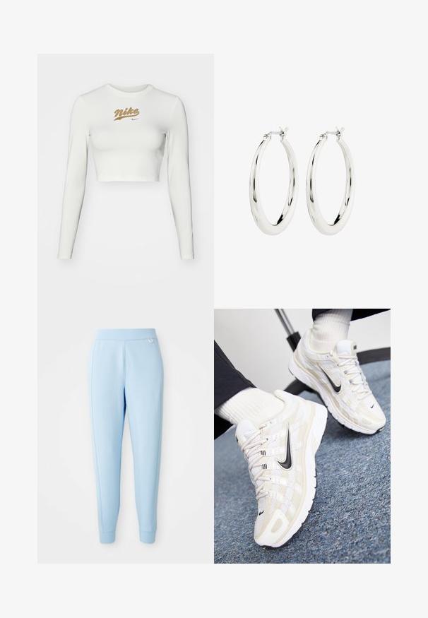 Biele dlhé rukávy cropped tričko vyrobené z hladkej tkaniny, s potlačou zlatého loga Nike na hrudi a klasickým okrúhlym výstrihom.; Svetlomodré teplákové nohavice z jemného materiálu s hladkou textúrou, zúženými nohavicami a diskrétnym logom na boku.; Biele a béžové tenisky Nike s vrchnou časťou z jemnej sieťoviny, textúrovaným prekrytím, čiernym swooshom a cushioned podrážkou s gripped vonkajšou časťou.; Strieborné kruhové náušnice s hladkým, lesklým povrchom. Obľúbený tvar, vybavené bezpečným zapínaním. Jednoduchý a elegantný dizajn.
