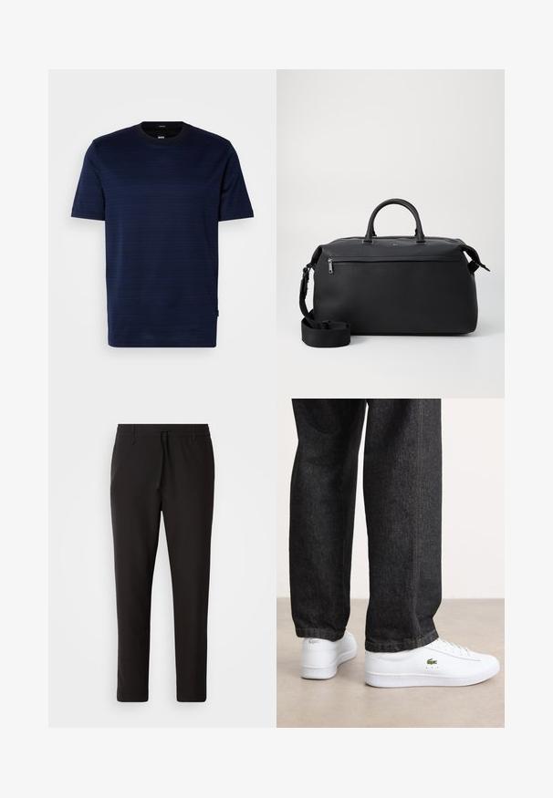 T-shirt à manches courtes bleu marine avec un motif rayé subtil et un col rond. Fabriqué en tissu doux, il présente une petite étiquette logo sur le côté.; Pantalons de jogging noirs en tissu lisse. Dotés d'une taille élastique avec cordon de serrage, jambes fuselées, et sans poches visibles. Design simple.; Baskets en cuir blanc au design bas et logo vert, assorties à un jean en denim foncé avec des coutures jaunes.; Sac de voyage en cuir noir avec deux poignées supérieures, une bandoulière amovible et une poche avant zippée pour un espace de rangement supplémentaire.