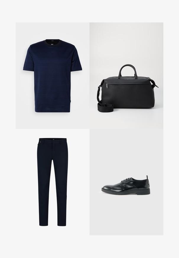 Kortsleeve navy blå t-shirt i et subtilt stribet mønster med rund hals. Fremstillet af blødt stof, med et lille logoskilt på siden.; Marinebukser lavet af glat stof, med en slim fit, bæltestropper og en skjult lynlås. Ingen bemærkelsesværdige mønstre eller accenter.; Blank sort læder dresssko med lav hæl, snørelukning og rund tå, vist fra siden på ensfarvet lys baggrund.; Sort læder duffel taske med to top hanke, en aftagelig skulderrem og en lynlåslomme foran til ekstra opbevaring.