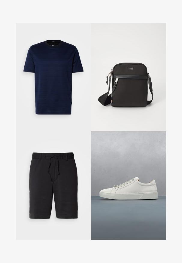 Kortsleeve navy blå t-shirt i et subtilt stribet mønster med rund hals. Fremstillet af blødt stof, med et lille logoskilt på siden.; Sorte shorts med et tekstureret mønster, elastisk talje og justerbar snøre til pasform. Mellemlang længde, enkelt design uden synlige lommer.; Hvid lædersneaker med rund tå, minimalistisk design, grå snørebånd og en tekstureret grå gummisål. Subtile syningsdetaljer er synlige.; Sort crossbody taske med et struktureret stof, logo på fronten, lynlås lukning og justerbar rem. Har en glat læderkant.