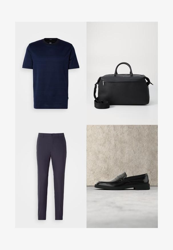 Kortsleeve navy blå t-shirt i et subtilt stribet mønster med rund hals. Fremstillet af blødt stof, med et lille logoskilt på siden.; Marinebukser med lige snit, lavet af et glat stof. Har en knaplukning, sidelommer og et fladt frontdesign.; Sort poleret læderloafer flydende over beige tæppe med orange gennemsigtigt møbel i baggrunden.; Sort læder duffel taske med to top hanke, en aftagelig skulderrem og en lynlåslomme foran til ekstra opbevaring.
