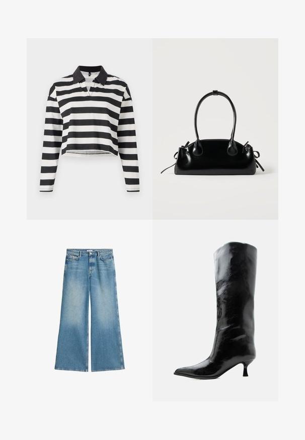 Camisa polo de manga larga recortada a rayas en blanco y negro con cuello negro y una tapeta parcial para abrochar. Tejido de algodón suave.; Jeans de pierna ancha en denim azul claro, con un lavado desgastado, dos bolsillos delanteros y un cierre de botón estándar.; Bota negra de cuero brillante hasta la rodilla con punta puntiaguda y tacón bajo curvado sobre un fondo claro y liso.; Pequeño bolso negro brillante con dos asas largas y detalles de cordón lateral sobre un fondo claro liso.