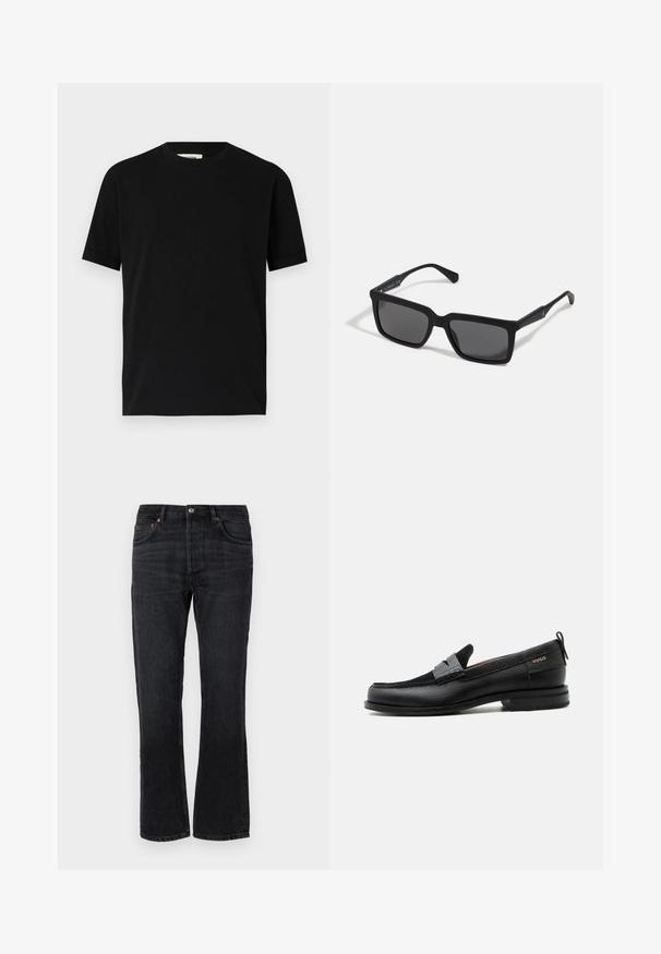 Schwarzes kurzärmliges T-Shirt aus Baumwolle mit Rundhalsausschnitt und lockerer Passform. Sanfte Textur, keine Muster oder sichtbaren Logos.; Schwarze Jeans aus Denim mit geradem Schnitt, fünf Taschen und orangen Nähten. Glatte Textur und minimale Ausbleichungen.; Schwarzer Lederloafer mit grauem Riemendetail, niedrigem Absatz und strukturierter Sohle, seitlich mit „HUGO“ in Gold gebrandmarkt.; Schwarze Sonnenbrille mit rechteckigen Gläsern, mattem Finish, dickem Rahmen und schlanken Bügeln mit dezentem Branding-Detail.