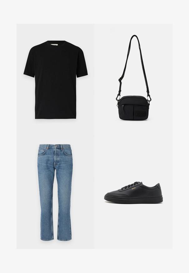 Sort kortærmet t-shirt lavet af bomuld med rund halsudskæring og løs pasform. Glat tekstur, ingen mønstre eller synlige logoer.; Lys blå denim jeans med lige snit, fem-lomme design og kontrasterende syninger. Stof har en blød tekstur og let falmning.; Sorte lædersneakers med en glat overflade, rund tå, flad gummisål og tonede snørebånd. Udstyret med guld "BOSS" branding på siden.; Sort nylon crossbody taske med justerbar rem, lynlåslukning, frontlomme og HUGO-logo lap. Kompakt rektangulær form.