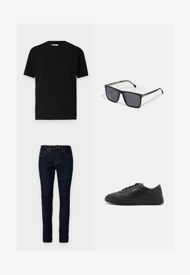 Schwarzes kurzärmliges T-Shirt aus Baumwolle mit Rundhalsausschnitt und lockerer Passform. Sanfte Textur, keine Muster oder sichtbaren Logos.; Dunkelblaue Jeans aus Denim im Slim-Fit, mit gestickten Details, fünf Taschen und einem Knopfverschluss an der Taille.; Schwarze Leder-Sneaker mit glatter Textur, runder Zehenpartie, flacher Gummisohle und einfarbigen Schnürsenkeln. Mit goldfarbenem "BOSS" Logo an der Seite.; BOSS Sonnenbrille - black