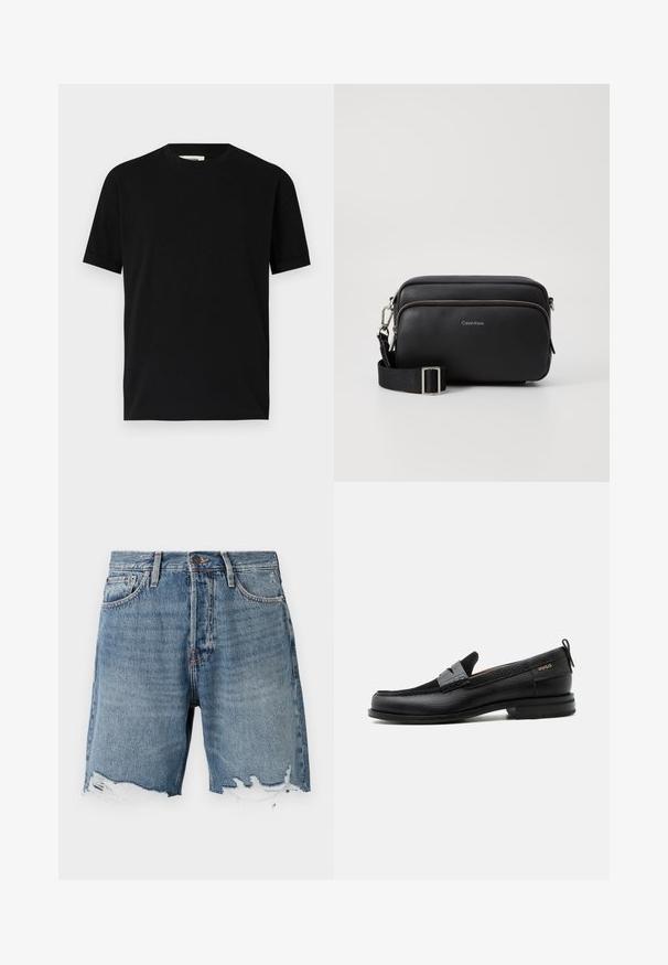 Sort kortærmet t-shirt lavet af bomuld med rund halsudskæring og løs pasform. Glat tekstur, ingen mønstre eller synlige logoer.; Lys blå denimshorts med en slidt kant, fem-lomme design og synlig syning. Har en knaplukning i taljen.; Sort læderloafer med grå remdetalje, lav hæl og tekstureret sål, mærket med "HUGO" i guld på siden.; Sort læder crossbody taske med to lynlåslommer, struktureret overflade, justerbar rem og sølvhardware detaljer. Calvin Klein-logoet er vist.