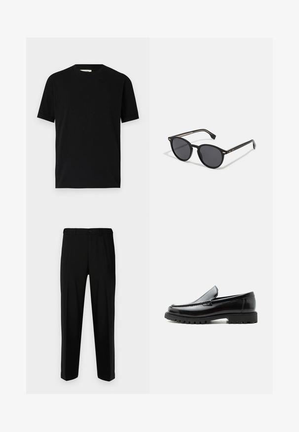Camiseta negra de manga corta hecha de algodón con un cuello redondo y un corte holgado. Textura suave, sin patrones ni logotipos visibles.; Pantalones negros de tela suave, con corte recto, dos bolsillos frontales y cremallera con cierre de botón.; Mocasín de cuero negro con suela de goma gruesa, empeine cosido y nombre de la marca en relieve en el talón, mostrado en perfil lateral sobre fondo blanco.; BOSS Gafas de sol - black