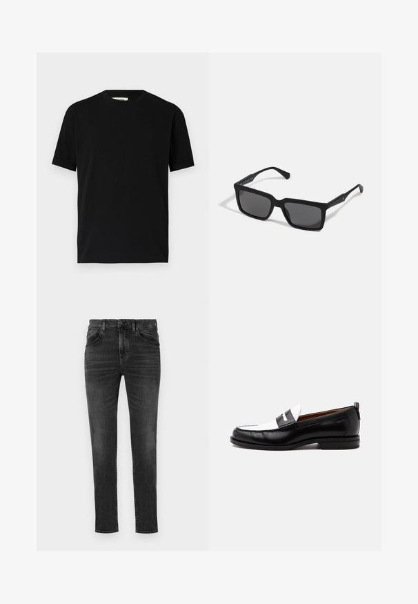 T-shirt noir à manches courtes en coton avec un col rond et une coupe ample. Texture lisse, sans motifs ni logos visibles.; BOSS ONYX - Jeans fuselé - charcoal; Mocassin en cuir noir et blanc avec des détails cousus, un petit talon et un design slip-on, présenté de profil sur un fond uni.; Lunettes de soleil noires avec des verres rectangulaires, finition mate, épaisses montures et branches fines comprenant un subtil détail de marque.