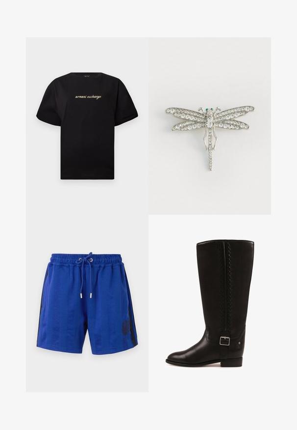 Sort t-shirt med korte ærmer med broderet "armani exchange" i beige skriveskrift centreret på brystet.; Blå atletiske shorts med elastisk talje, snøre, sorte striber på siden og et blomstermotiv. Glat stofstruktur.; Sort knæhøj læderstøvle med sidelås, dekorativ syning langs skaftet og lav blokhæl.; Sølvfarvet libelbrosche med klare rhinsten og grønne accentsten. Har detaljerede vinger og et slankt kropsdesign.
