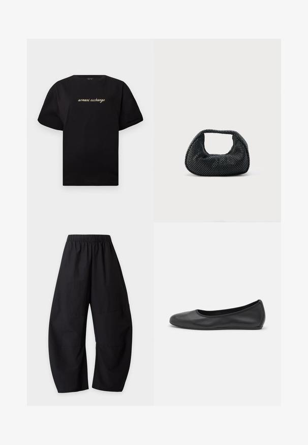Μαύρο κοντομάνικο t-shirt με κεντημένο το «armani exchange» σε μπεζ γραμματοσειρά καλλιγραφικού τύπου, στο κέντρο του στήθους.; Χαλαρό μαύρο παντελόνι με ελαστική μέση και φαρδιά πόδια, κατασκευασμένο από λείο ύφασμα, εμφανίζεται σε απλό φωτεινό φόντο.; Μαύρο δερμάτινο μπαλαρίνι με στρογγυλή μύτη, λεία υφή, ελάχιστες λεπτομέρειες ραφής και σχεδίαση ευέλικτης σόλας.; Μαύρη υφαντή τσάντα χόμπο με μαλακή δομή και ενσωματωμένη λαβή, απεικονίζεται σε απλό φωτεινό φόντο.