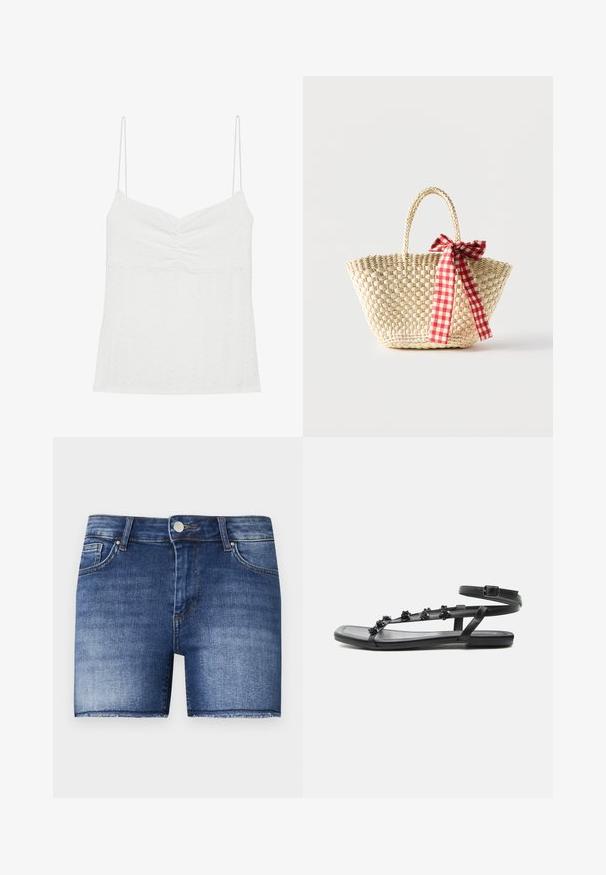 Witte camisole met dunne verstelbare bandjes, met een gemêleerde stof met verhoogde patronen en een gathered voorkant detail.; Denim shorts in een middelblauwe wassing met een rechte snit. Heeft vervaagde gedeelten, een voorzak en een onafgewerkte zoom aan de onderkant.; Zwarte platte sandaal met enkelbandje en kleine bloemversieringen op dunne voorste bandjes, weergegeven van opzij op een witte achtergrond.; Gevlochten strooien tas met gevlochten handvatten en een rood-wit geruit lint dat aan één zijde in een strik is gebonden.