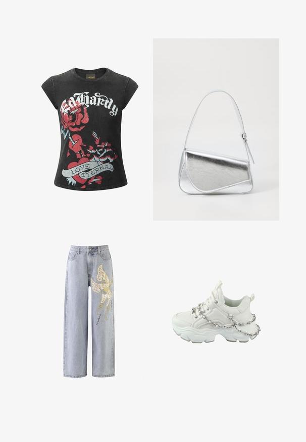Sort kortærmet T-shirt med store røde roser og et hjertegrafik, der har teksten "Ed Hardy" og "LOVE ETERNAL" i hvide og blå nuancer.; Lysblå vidde jeans med et sommerfuglemotiv i guld- og elfenbensbroderi, prydet med dekorative syninger.; Chunky hvid sneaker med en glat læderoverdel, snørebånd, gummisål og en dekorativ kæde med perler omkring anklen.; Sølvmetallic håndtaske med en trekantet form, glat overflade og en tynd, justerbar skulderrem. Har et fold-over design med syninger.
