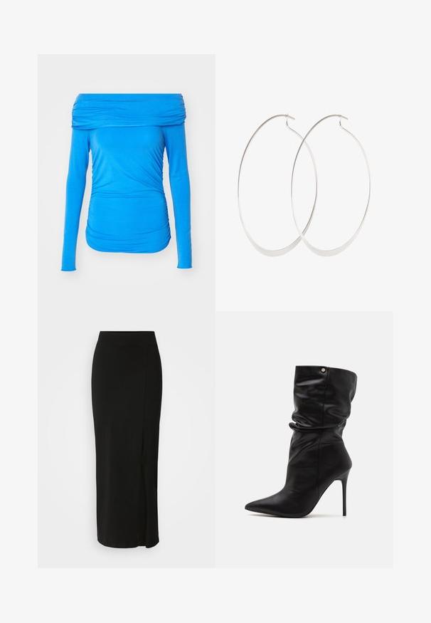 Haut bleu à épaules dénudées et manches longues en tissu extensible, avec des détails froncés sur les côtés pour un look ajusté.; Jupe noire, de longueur genou, fabriquée en tissu doux et extensible. Elle possède une taille ajustée et une fente sur le côté pour faciliter les mouvements.; Even&Odd Wide Fit by Zalando Bottines à talons hauts - black; Boucles d'oreilles en argent avec un design fin et lisse ; forme ovale allongée ; finition polie ; présente un fermoir à crochet sécurisé.