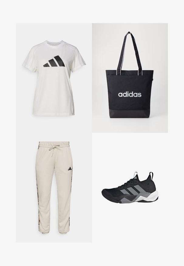 Camiseta atlética blanca de tejido suave. Presenta mangas cortas y un gran logotipo negro de Adidas con tres rayas debajo.; Pantalones de chándal color beige claro, confeccionados en un tejido suave, con una cintura ajustable con cordón y paneles laterales negros con un patrón de estampado de leopardo.; Zapatilla deportiva negra con parte superior de malla transpirable, acentos grises, suela texturizada y tres distintivas franjas en el costado.; Bolsa de tote negra con el logo "adidas" en gris, hecha de un tejido duradero, con dos correas para el hombro y un panel inferior negro en contraste.