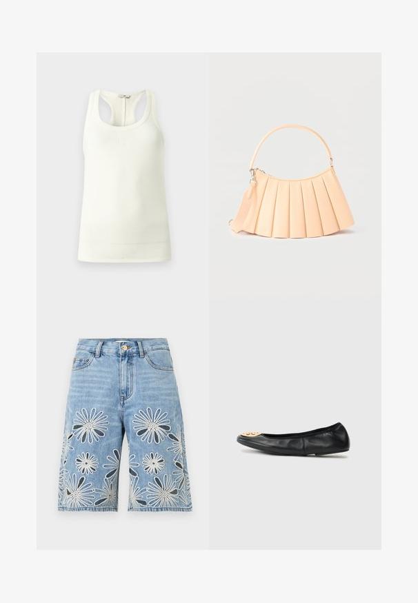 Débardeur en coton blanc avec un col rond et un dos nageur. Présente un logo subtilement embossé à l'avant. Texture lisse et coupe ajustée.; Shorts en denim bleu clair longueur genou avec motifs de marguerites brodés en blanc et noir et fermeture à boutons à l'avant.; Ballerine en cuir noir avec un bout arrondi, présentant un accent en métal doré sur le bout, une texture lisse et une semelle flexible.; Sac à main plissé beige avec poignée arrondie et bandoulière détachable, présenté sur un fond clair uni.
