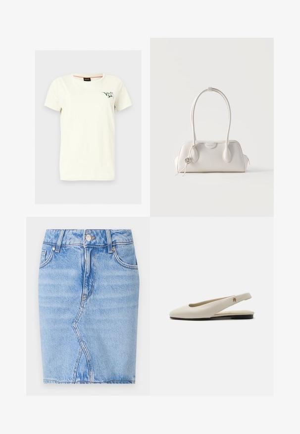 T-shirt crème à manches courtes col rond avec petit graphisme vert et texte « Boss » sur la poitrine gauche, fond uni.; Jupe en denim bleu clair avec poches avant, passants pour ceinture, fermeture à boutons et un détail de couture en forme de V à l'avant.; Chaussure plate slingback en cuir couleur crème avec un bout arrondi et un petit emblème doré sur la bride.; Petit sac à main en cuir blanc avec deux longues anses, un pendentif logo argenté et une fermeture éclair de chaque côté, posé sur un fond blanc uni.