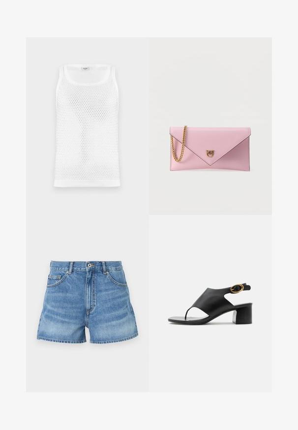 Witte mesh tanktop met een ademend, gestructureerd ontwerp, een ronde halslijn en brede schouderbanden. Geen zichtbare branding.; Lichtblauwe denimshorts met een hoge taille, vijf zakken en een rafelrand. Beschikt over een metalen knoop en contrasterende stiksels op de naden.; Zwarte leren dames slingback sandaal met open teen, gouden ovale gesp en blokhak op witte achtergrond.; Lichtroze clutchtas in envelopstijl met een gouden kettingriem en een kleine gouden sluiting in de vorm van twee vogels op een ring.