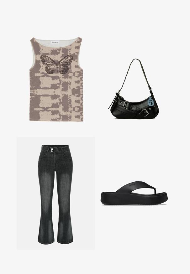 Even&Odd Top - multi coloured; Zwart gewassen denim jeans met hoge taille, dubbele knoopsluiting, voorzakken en licht uitlopende pijpen.; Zwarte flip-flop sandaal met een verhoogde zool, gemaakt van rubbermateriaal. Kenmerkt zich door een teenband en een gestructureerde voetbed voor grip.; Zwarte synthetische handtas met een gebogen vorm, verstelbare schouderriem en decoratieve metalen gespen. Heeft een gladde, glanzende textuur.