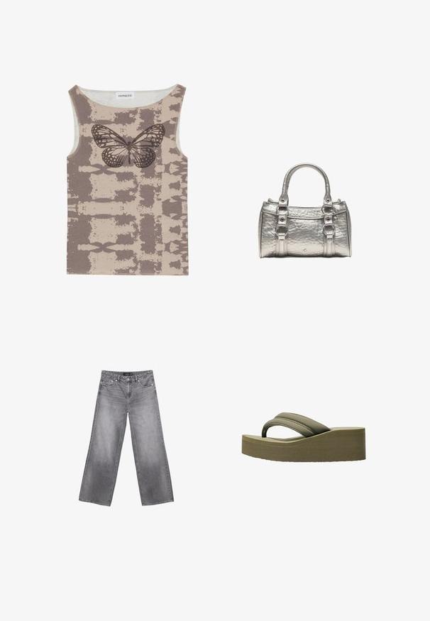 Even&Odd by Zalando Top - multi coloured; Graue Jeans mit weitem Bein, Vordertaschen, Gürtelschlaufen und Knopfverschluss, mit verblassten Details an Oberschenkeln und Knien.; Olivgrüne Plattformflip-Flops mit einem breiten Riemen und strukturierten Sohle, ausgestattet mit einer glatten Oberfläche und einem geschwungenen Design für zusätzlichen Komfort.; Kleine metallisch silberne Handtasche mit zwei Griffen, dekorativen Ringen und strukturierter Oberfläche, die auf weißem Hintergrund steht.