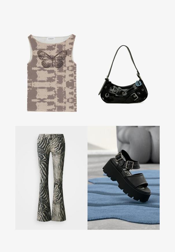 Even&Odd Top - multi coloured; Rozšírené džínsy v čierno-bežovom zebrovom vzore, vyrobené z denimu, s dizajnom piatich vreciek a viditeľnými švami.; Čierna robustná platformová sandála so striebornými dvomi prackami na modrom textúrovanom koberci, v pozadí rozostrená sivá socha.; Čierna lakovaná kožená taška s zakriveným tvarom, s striebornými kovaniami, dekoratívnymi prackami a krátkym popruhom. Pripojená modrá visačka.