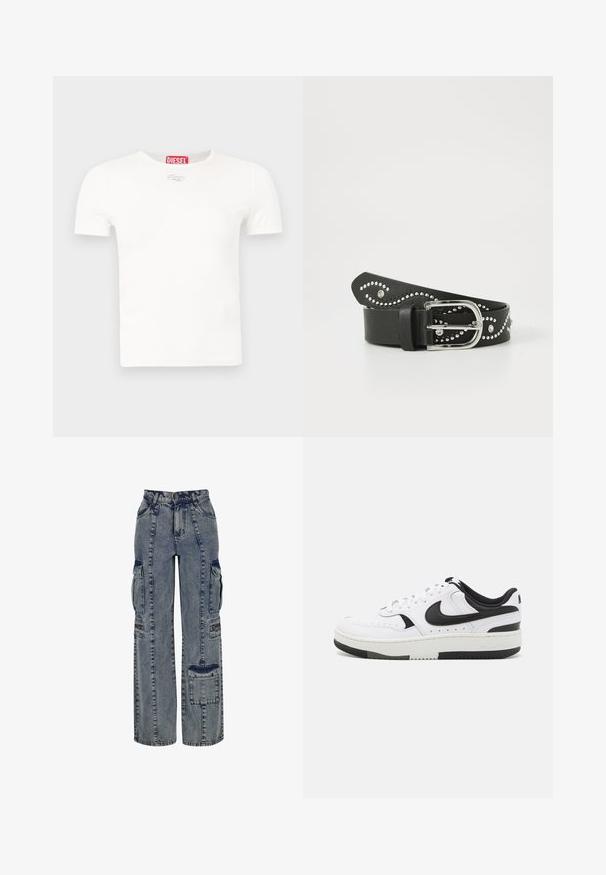 Wit katoenen T-shirt met korte mouwen, een ronde hals en een klein zilveren logo met "DIESEL" in het rood op de halslijn.; Lichte blauwe denim cargo broeken. Kenmerken zijn wijde pijpen, meerdere zijzakken en contrasterende donkere denim accenten. Gestructureerd met zichtbare naden.; Witte sneaker met zwarte accenten, synthetisch leren materiaal, ronde neus, gevoerde zool en geperforeerde details aan de zijkant.; Zwarte faux leren riem met zilverkleurige studs in een golvend patroon, voorzien van een zilveren metalen gesp en een gestructureerde afwerking.
