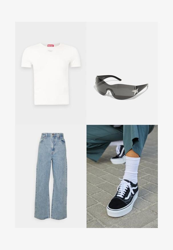 Wit katoenen T-shirt met korte mouwen, een ronde hals en een klein zilveren logo met "DIESEL" in het rood op de halslijn.; Lichtblauwe wijde denim jeans met hoge taille, sluiting met voorknop en rits, en vijfzakkenontwerp op een effen achtergrond.; Zwarte suède sneaker met witte accenten en veters, uitgerust met een dikke witte zool en contrasterende stiksels, gecombineerd met een witte sok.; Zwarte zonnebril met een wrap-around ontwerp, donkergetinte glazen, glanzende stervormige accenten en verstelbare neussteunen.
