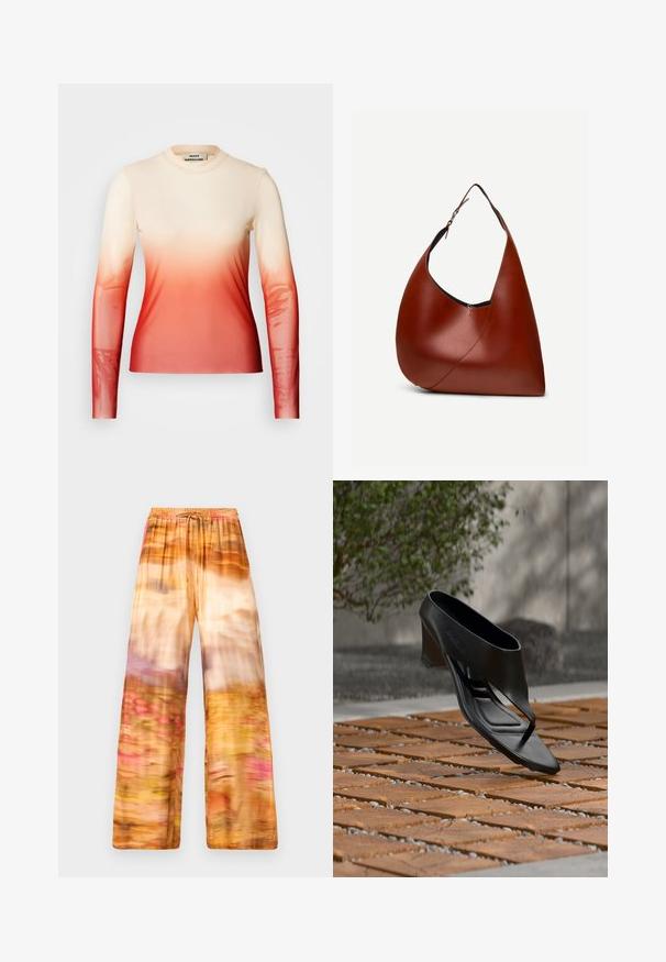 Top de manga larga con diseño en degradado, que va del crema al rojo. Fabricado en un tejido suave con una silueta ajustada y escote redondeado.; Pantalones de pierna ancha en tejido ligero con un patrón abstracto fluido en tonos cálidos de naranja, amarillo y rosa, con una cinturilla elástica.; Sandalia negra de tacón alto con tira entre los dedos, flotando sobre una superficie exterior de madera y grava con patrón, con vegetación desenfocada y pared al fondo.; Bolso hobo de cuero marrón con una sola correa ajustable, cuerpo curvado y costuras diagonales visibles sobre un fondo blanco.